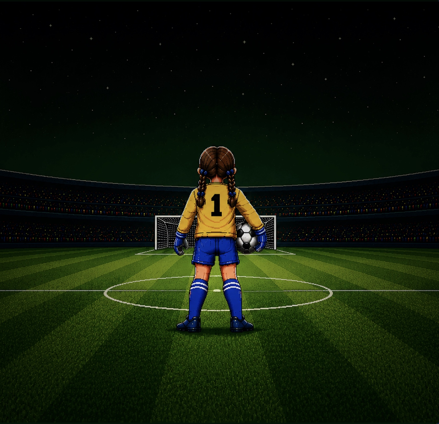 Pixel art girl goalkeeper in yellow jersey holding a football
